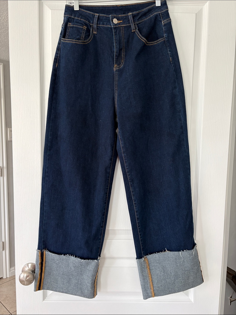 Wisteria Lane Wide-Leg Jeans in Dark Blue with Rolled Cuff